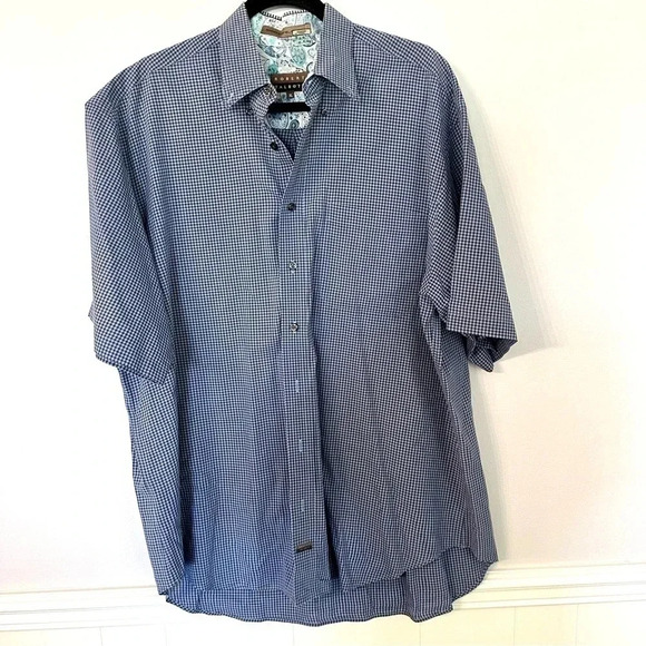 Robert Talbott Men's Short Sleeve Blue Plaid Button Up Shirt Size XL GUC - Picture 2 of 9